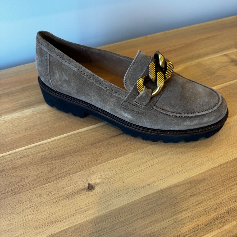 Gabor Women‎ 7.5 UK 5 Tan Suede Chunky Chain Link Loafers Lug Sole Shoes Preppy - Picture 3 of 16